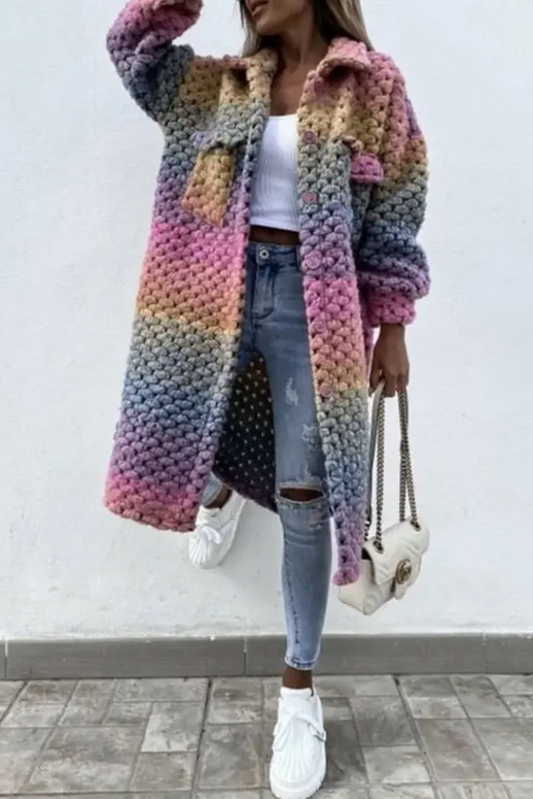 JENNA - Long manteau tressé aux couleurs de l'arc-en-ciel